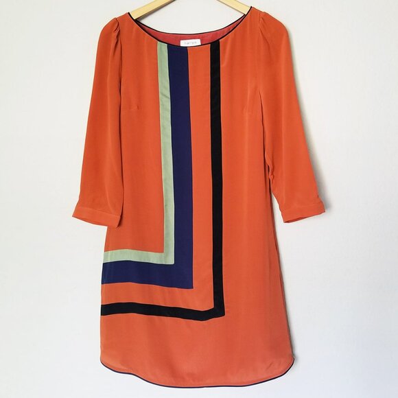 HARLYN Anthropologie 100% Silk Mini Shift Dress Orange Rust Colorblock Geometric - Picture 2 of 15
